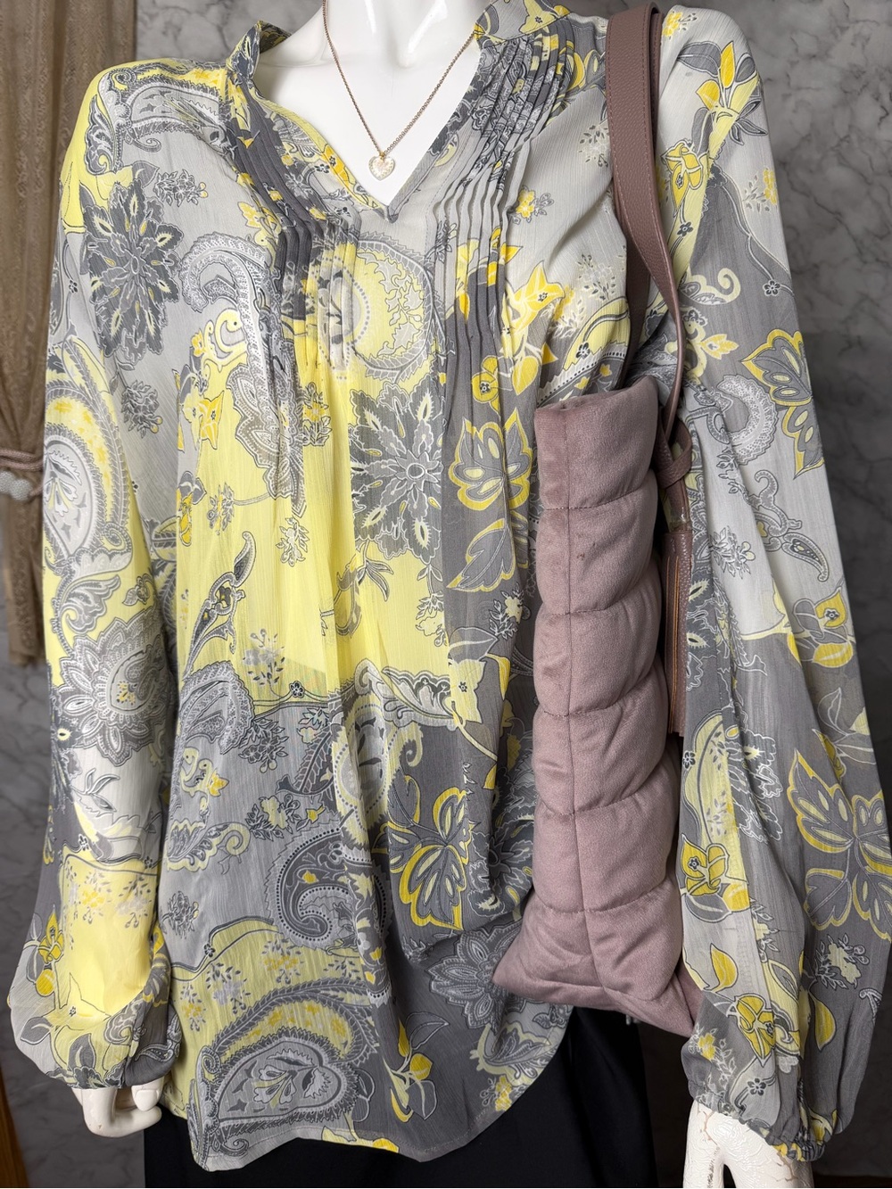 Paisley Butter Yellow and Dove Grey Tone V Neck Sheer Blouse Flowy Boho XL